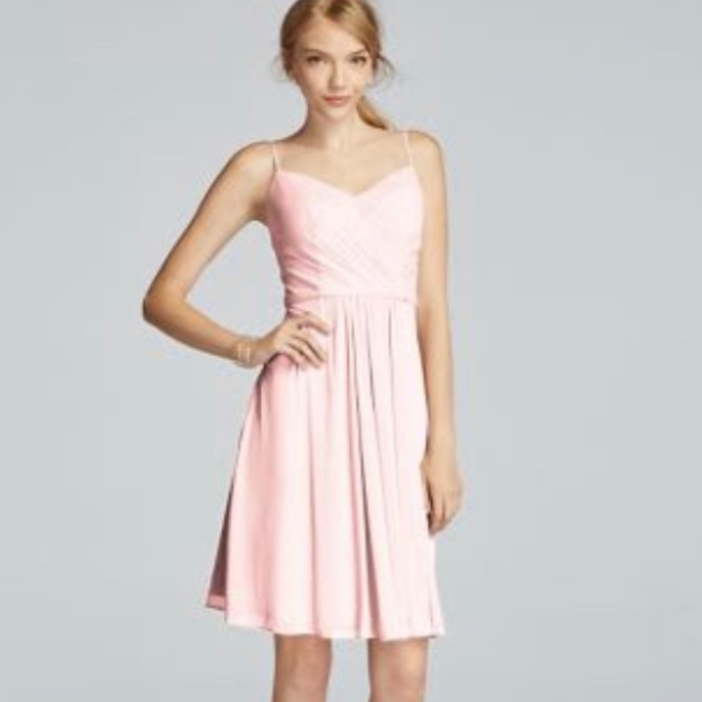 NWT Petal Pink Davids Bridal Mesh Spaghetti Strap Short Dress with V-Neckline